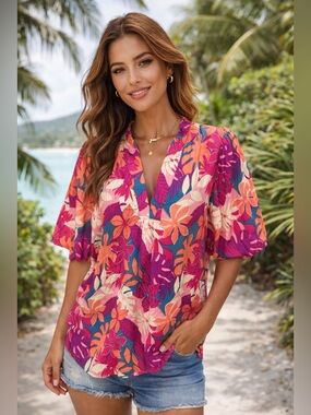 Oddy Tropical Blouse Sz M Beachy Boho Smocked Neck & Sleeves Peasant Puff Sleeve